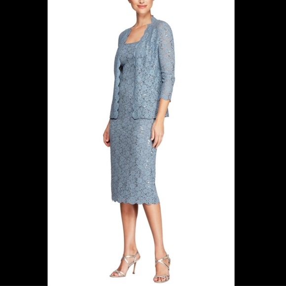 NWT 2PC Alex Evenings‎ Sequined Lace Sheath Dress + Jacket in Blue [SZ 14 ] - Picture 4 of 4